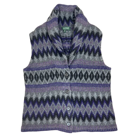 Lauren Ralph Lauren Women's XL 100% Lambswool Vest Aztec Nordic Purple Gray - Picture 1 of 8